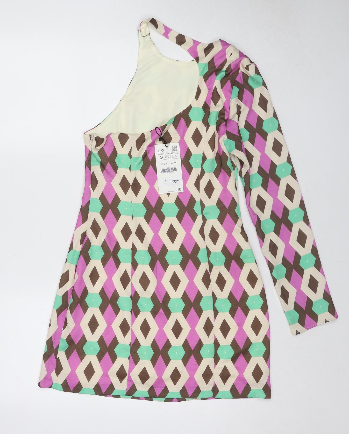 Zara Womens Multicoloured Geometric Polyester Mini Size S One Shoulder Zip