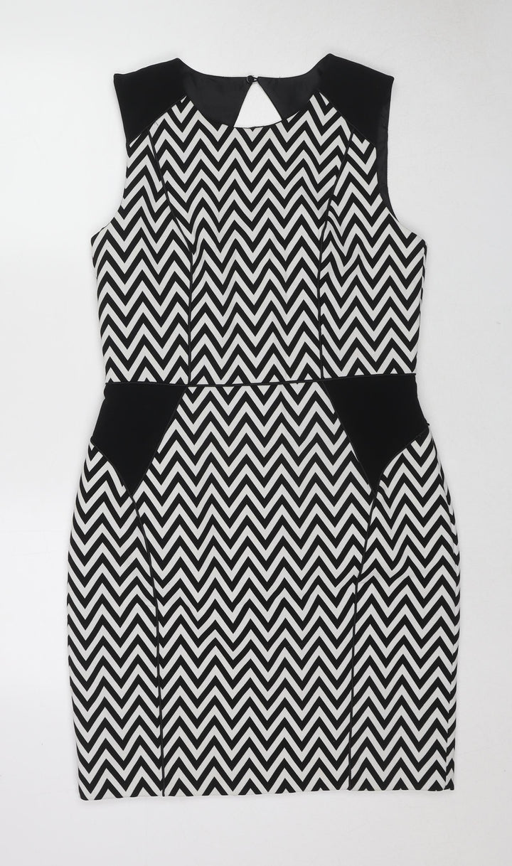 H&M Womens Multicoloured Geometric Polyester Shift Size 14 Round Neck Zip