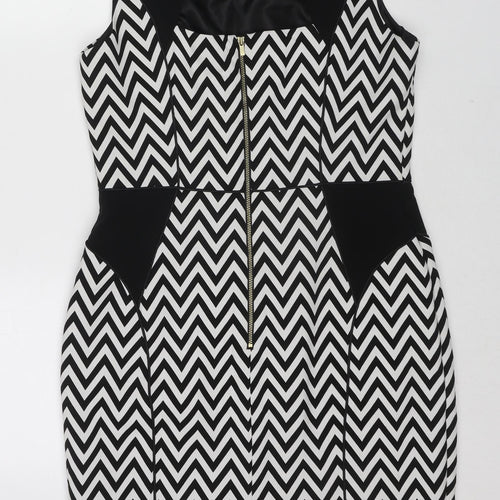 H&M Womens Multicoloured Geometric Polyester Shift Size 14 Round Neck Zip