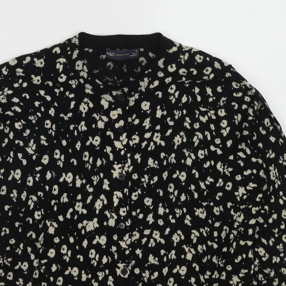 Marks and Spencer Womens Black Round Neck Animal Print Viscose Cardigan Jumper Size 12 - Leopard Print