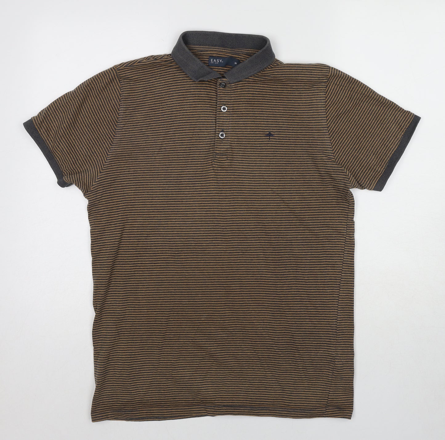 Easy Mens Brown Striped Cotton Polo Size M Collared Pullover