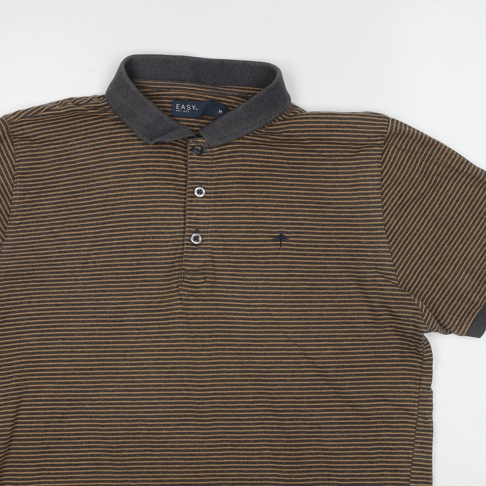 Easy Mens Brown Striped Cotton Polo Size M Collared Pullover