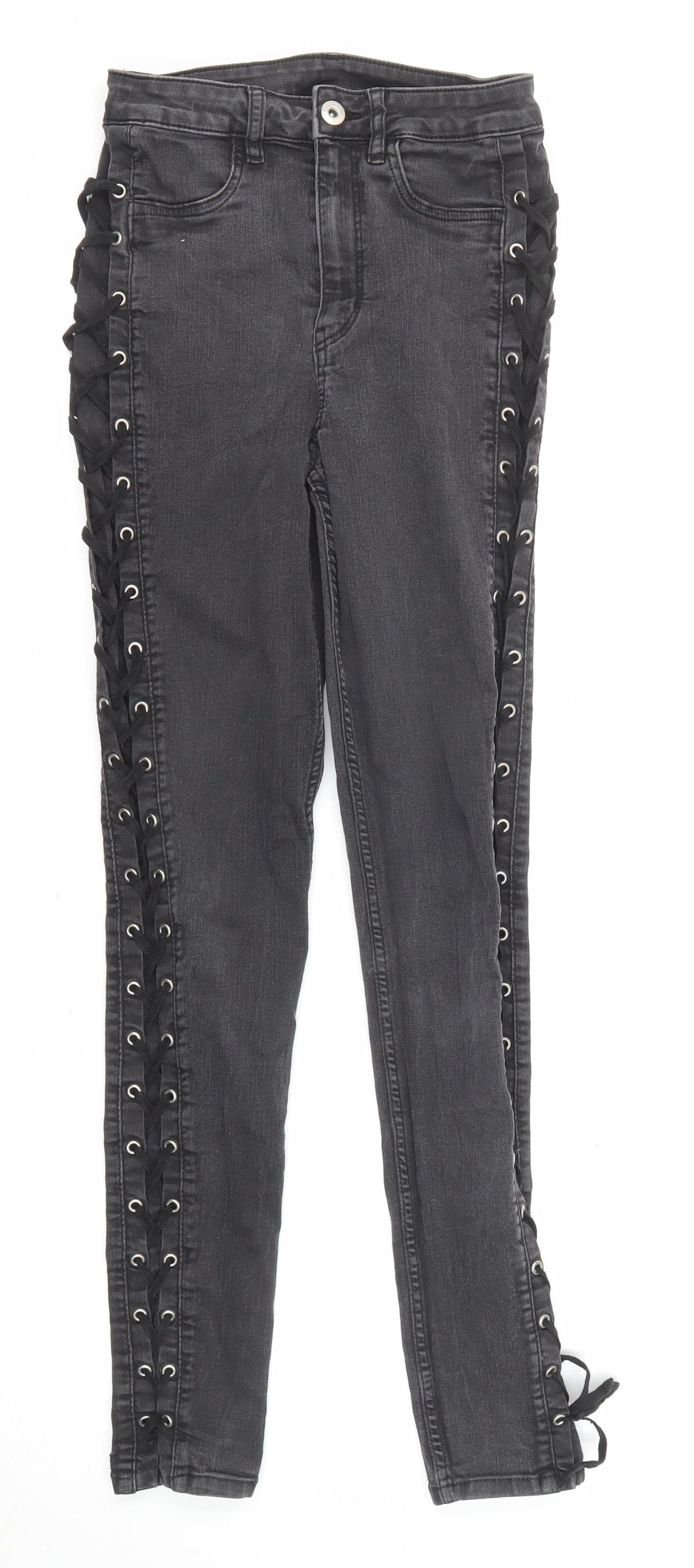 Divided by H&M Womens Grey Cotton Skinny Jeans Size 10 L28 in Regular Zip - Lace Up Detail