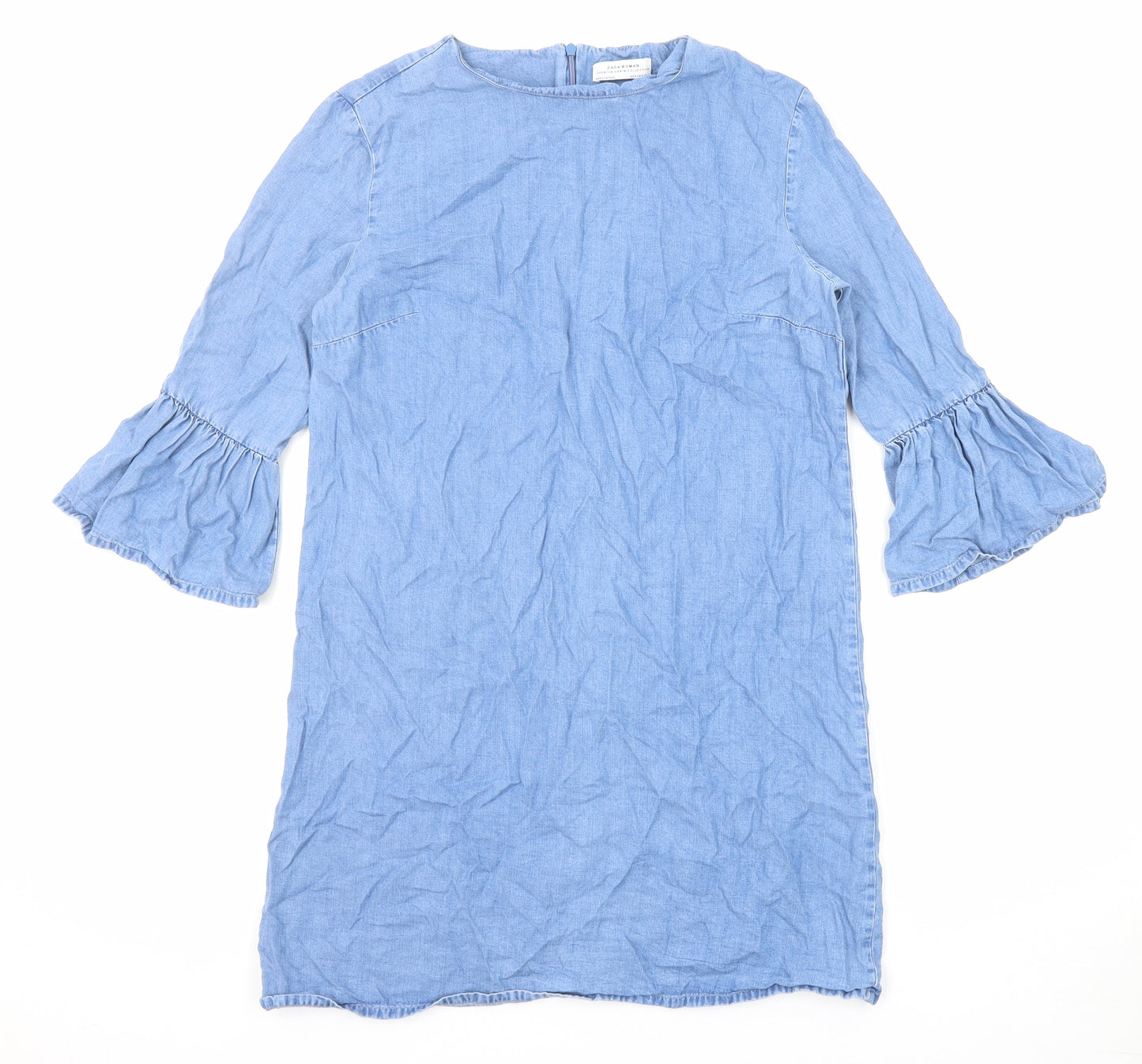 Zara Womens Blue Lyocell A-Line Size S Round Neck Zip