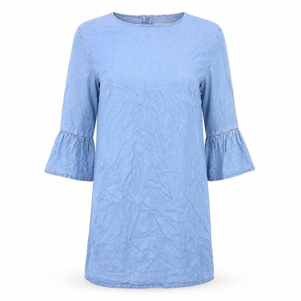 Front view of Zara women’s blue lyocell a-line, size S, round neck zip