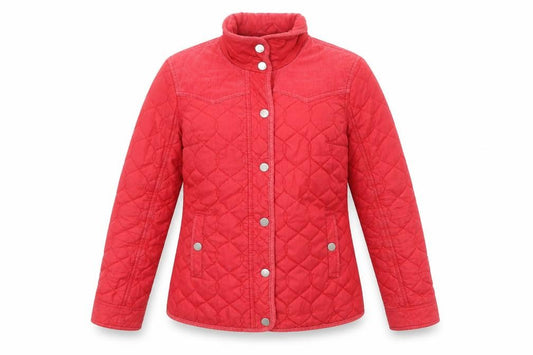 Front view of Next women’s red quilted jacket, size UK 6, snap