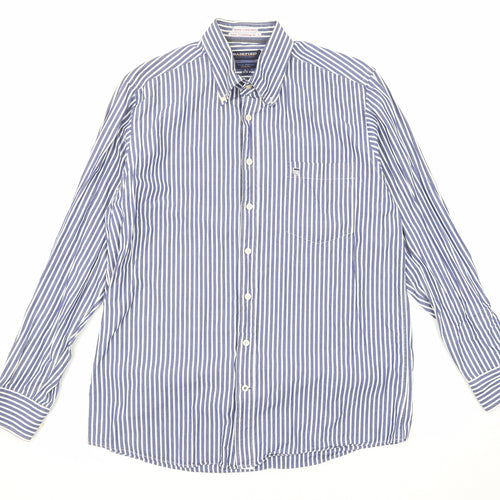 Basefield Mens Blue Striped Cotton Button-Up Size L Collared Button