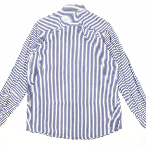 Basefield Mens Blue Striped Cotton Button-Up Size L Collared Button