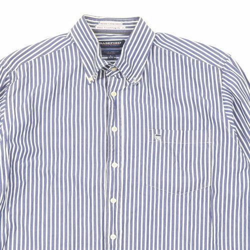 Basefield Mens Blue Striped Cotton Button-Up Size L Collared Button