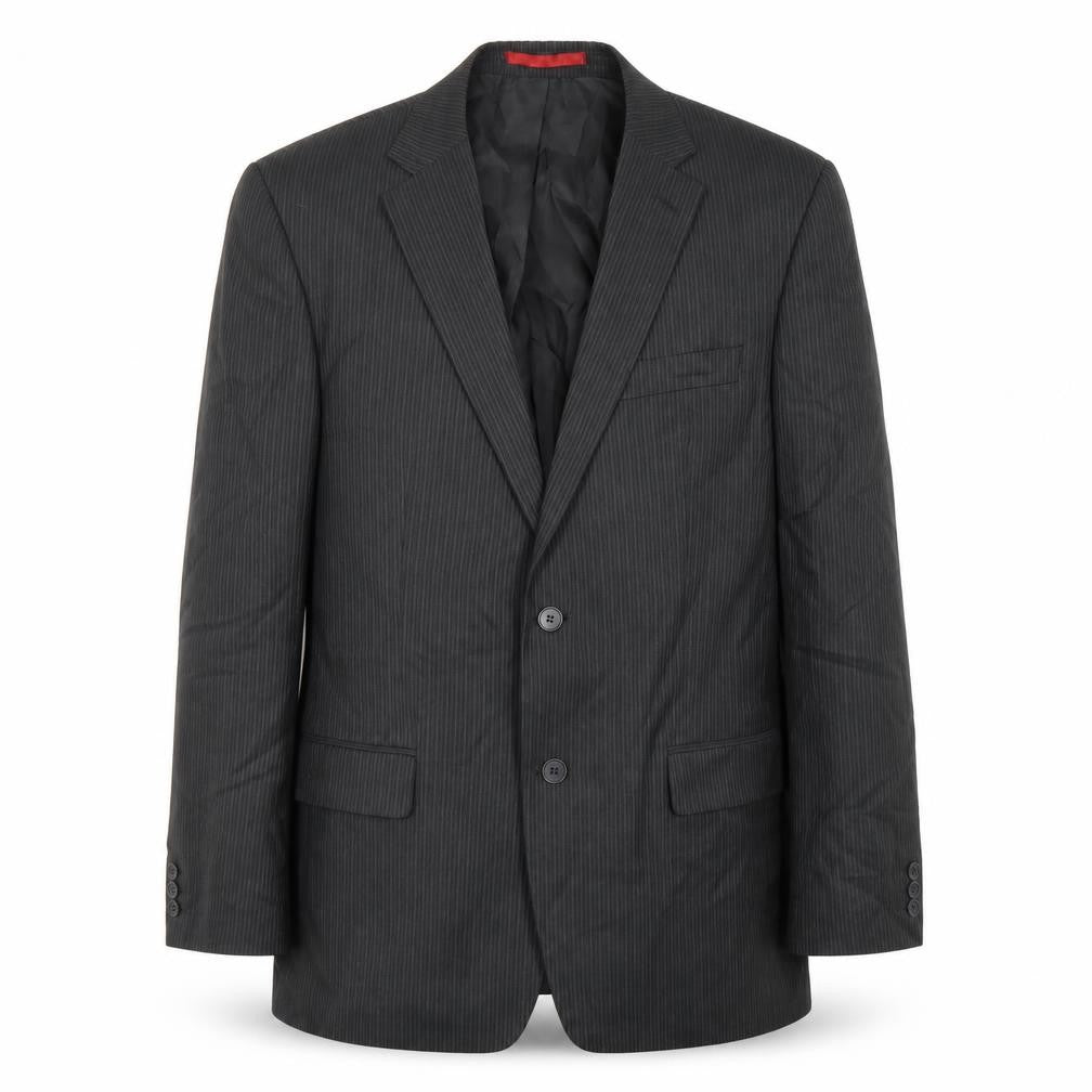 Front view of Burton men’s black striped polyester jacket suit jacket, size 40, regular