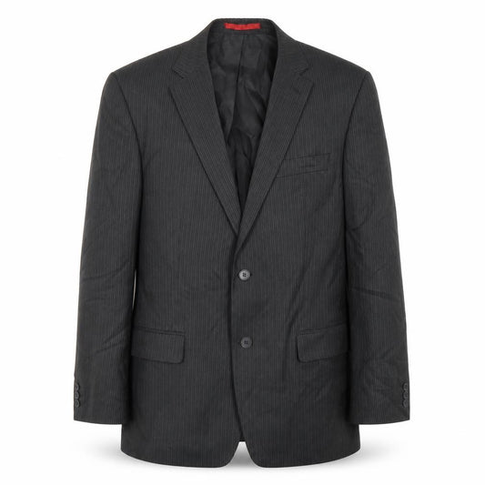 Front view of Burton men’s black striped polyester jacket suit jacket, size 40, regular