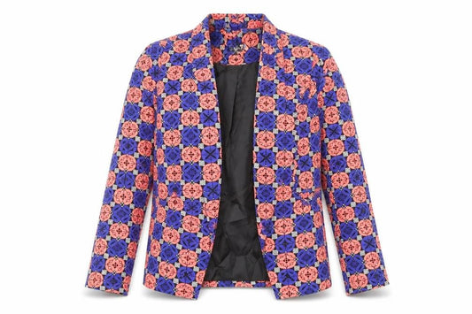Front view of Ribbon women’s multicoloured geometric jacket blazer, size UK 10