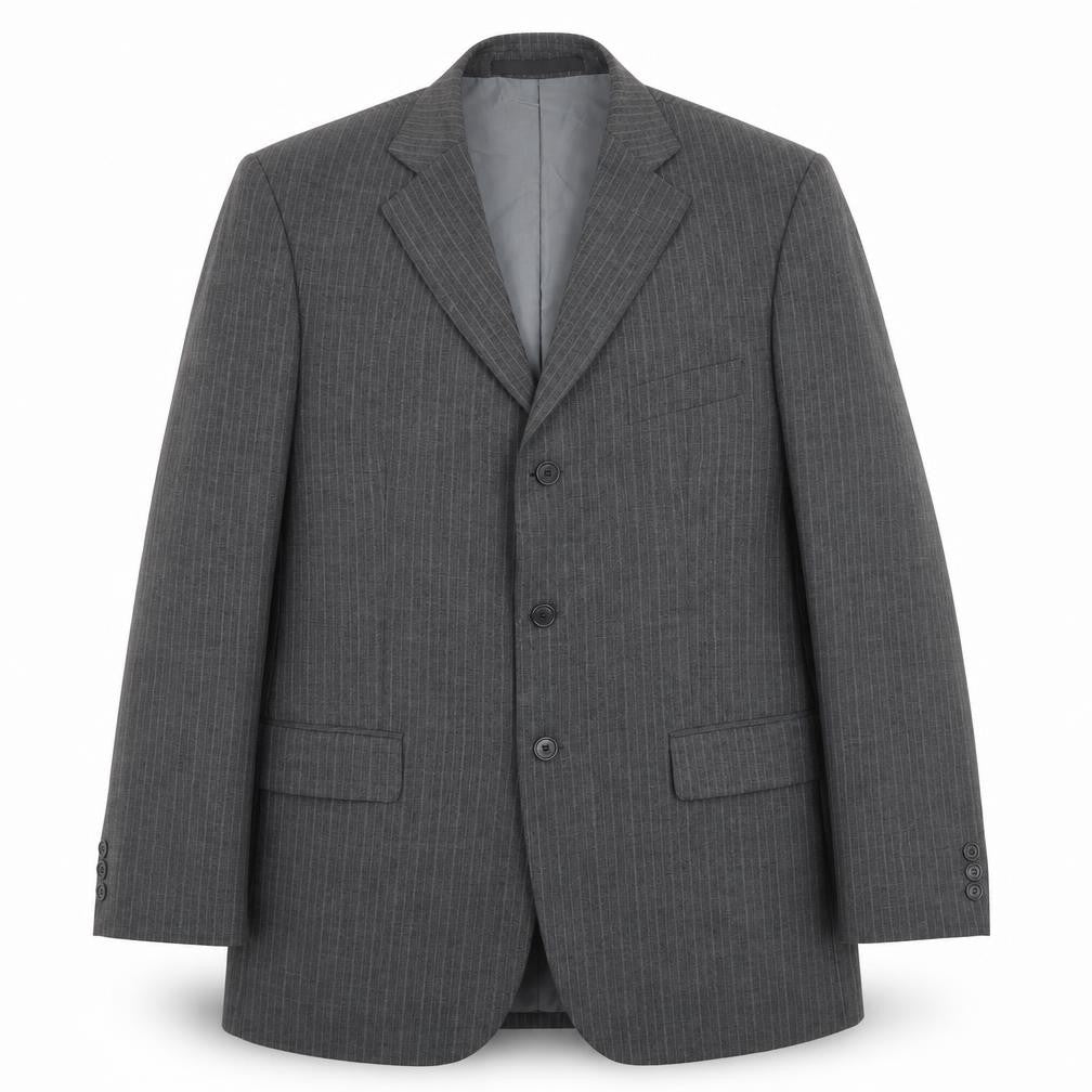Front view of Marks & Spencer men’s grey striped polyester jacket suit jacket, size 40, regular
