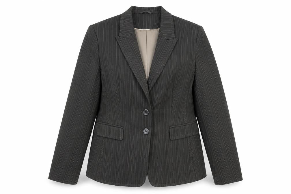 Front view of Next women’s brown pinstripe polyester jacket blazer, size UK 16