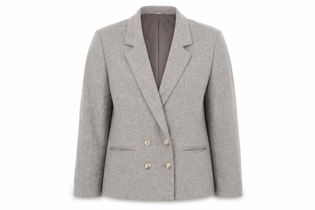 Front view of EWM women’s beige jacket blazer, size UK 14, button