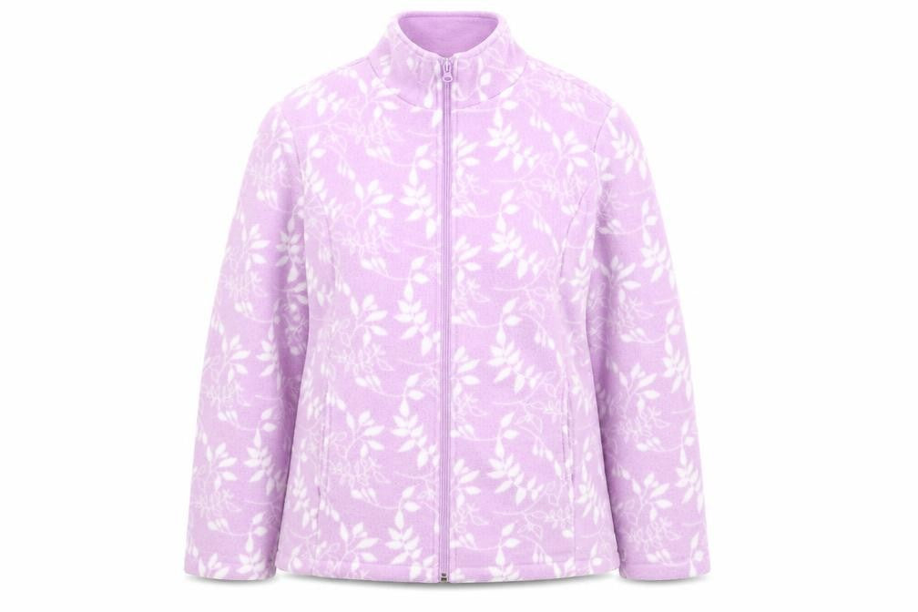 Front view of Anne De Lancay women’s purple geometric jacket, size UK 14, zip