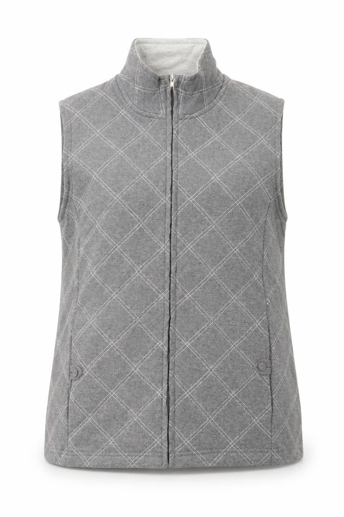 Front view of Dash women’s grey geometric gilet jacket, size UK 12, zip