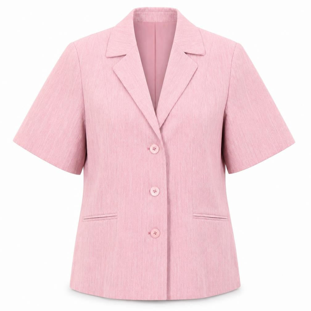 Front view of Debenhams women’s pink geometric polyester basic button-up, size UK 14, collared