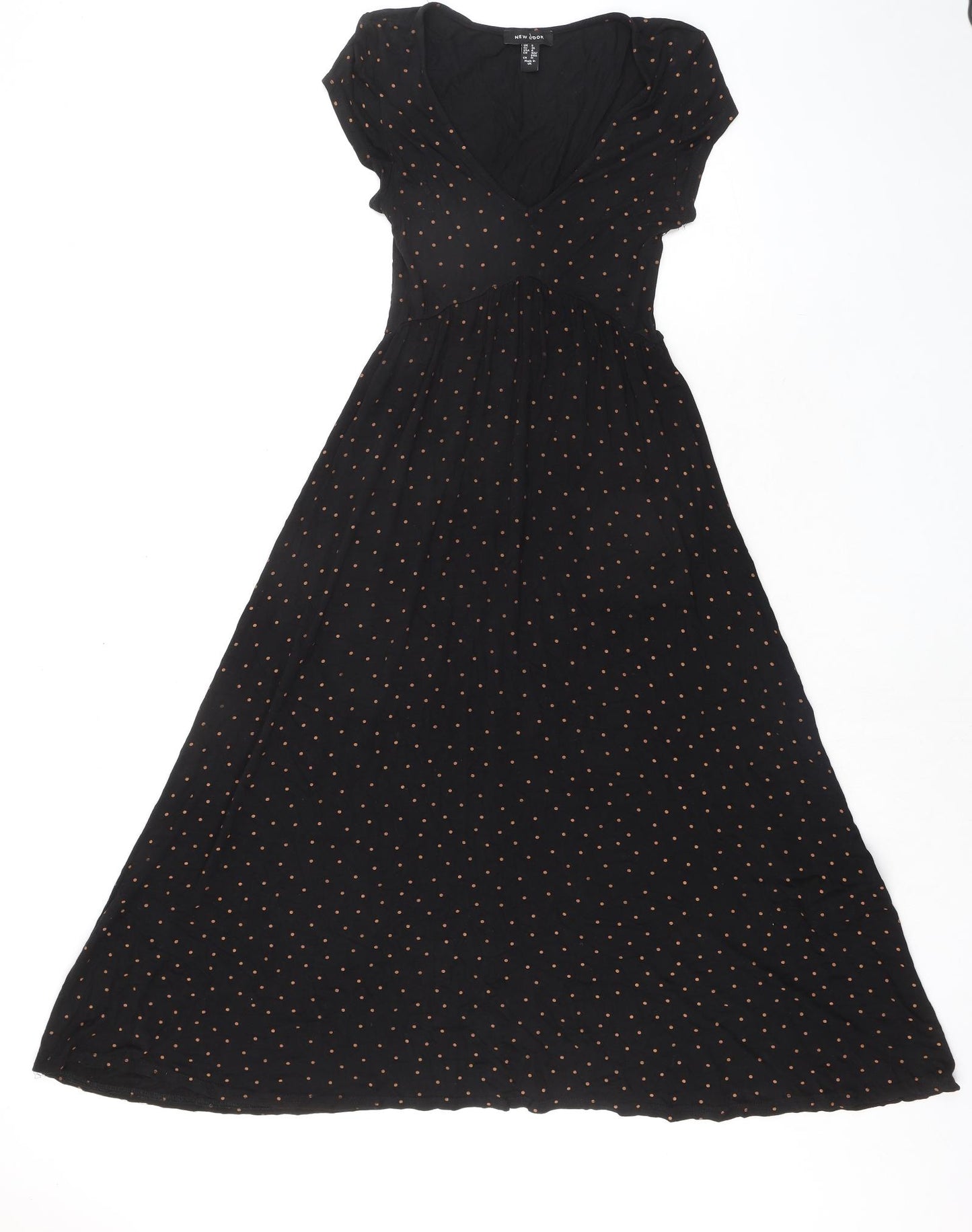 New Look Womens Black Polka Dot Viscose A-Line Size 8 V-Neck