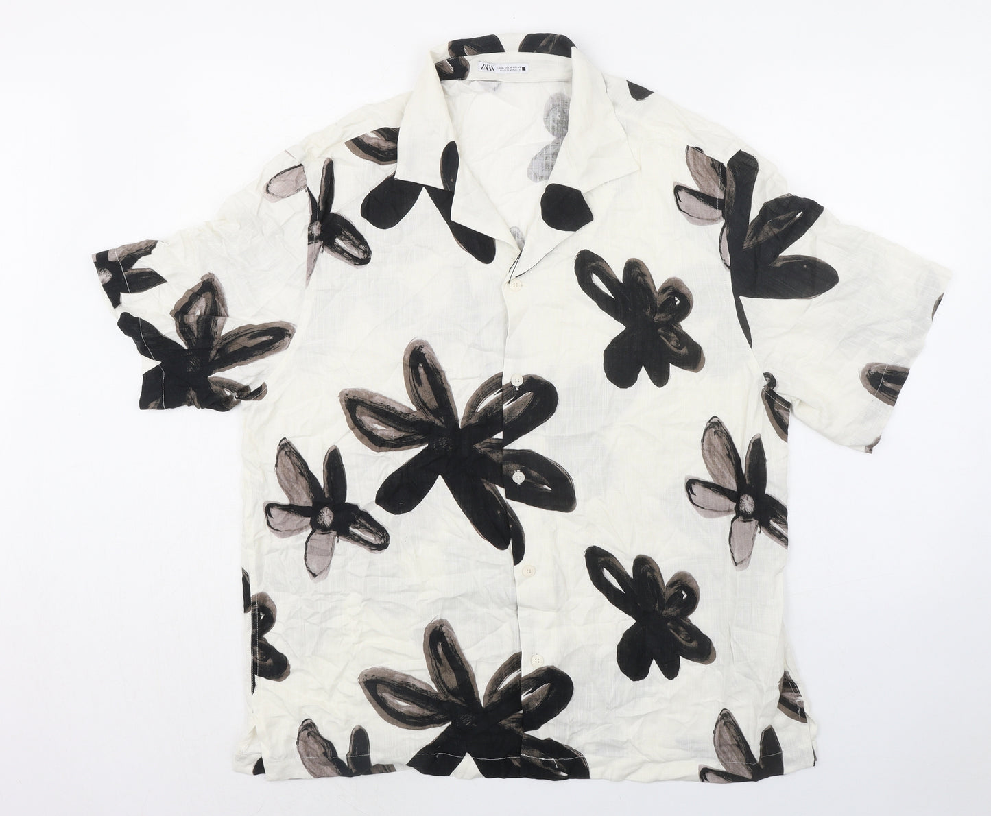 Zara Mens Ivory Floral Viscose Button-Up Size XL Collared Button