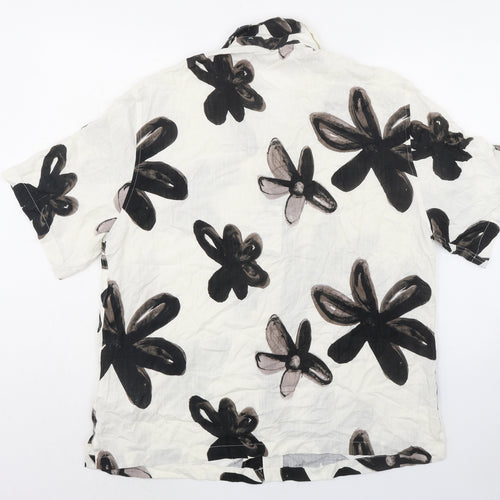 Zara Mens Ivory Floral Viscose Button-Up Size XL Collared Button