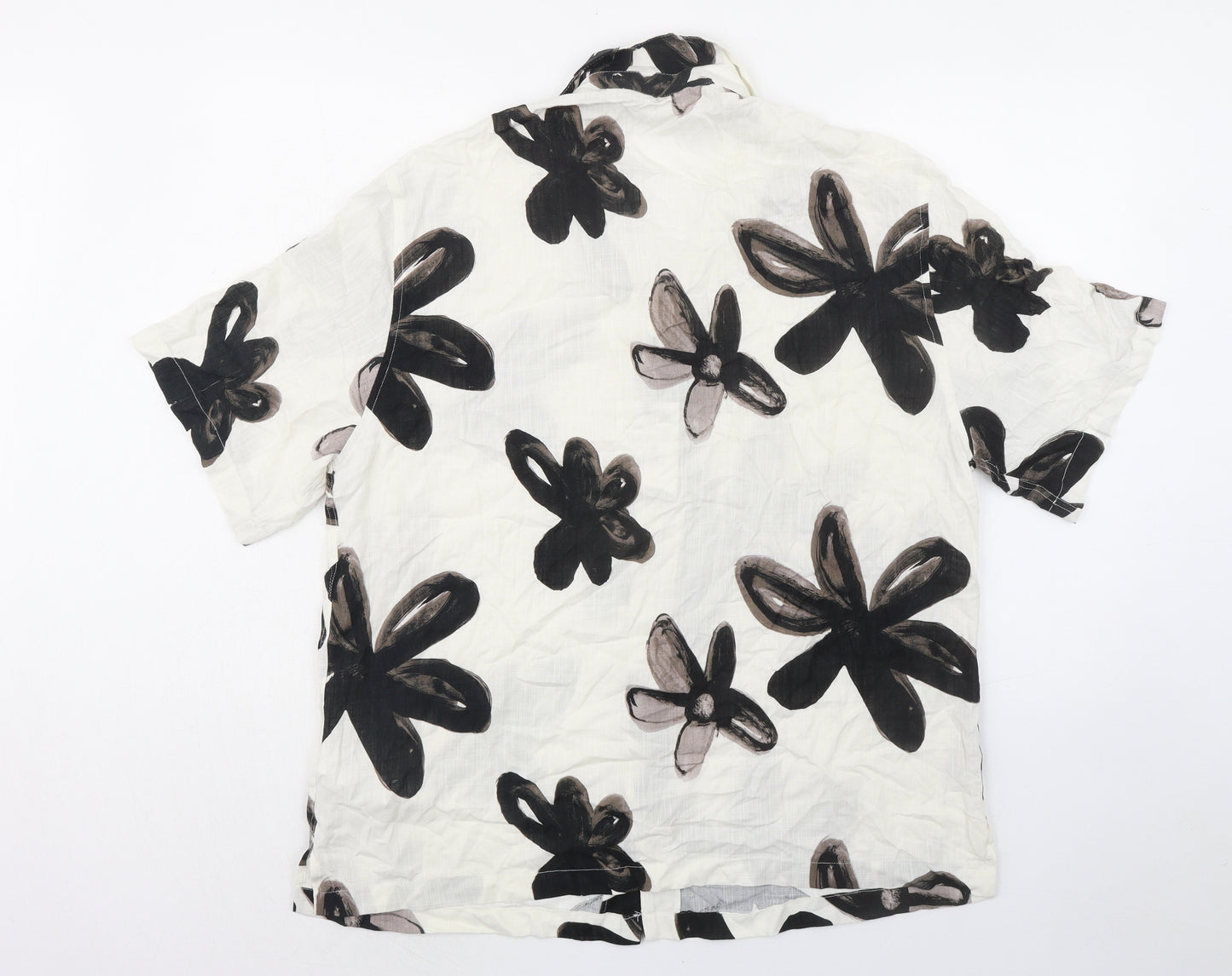 Zara Mens Ivory Floral Viscose Button-Up Size XL Collared Button