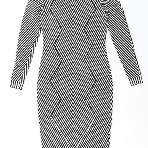 Karen Millen Womens Black Geometric Viscose Bodycon Size S Mock Neck Pullover