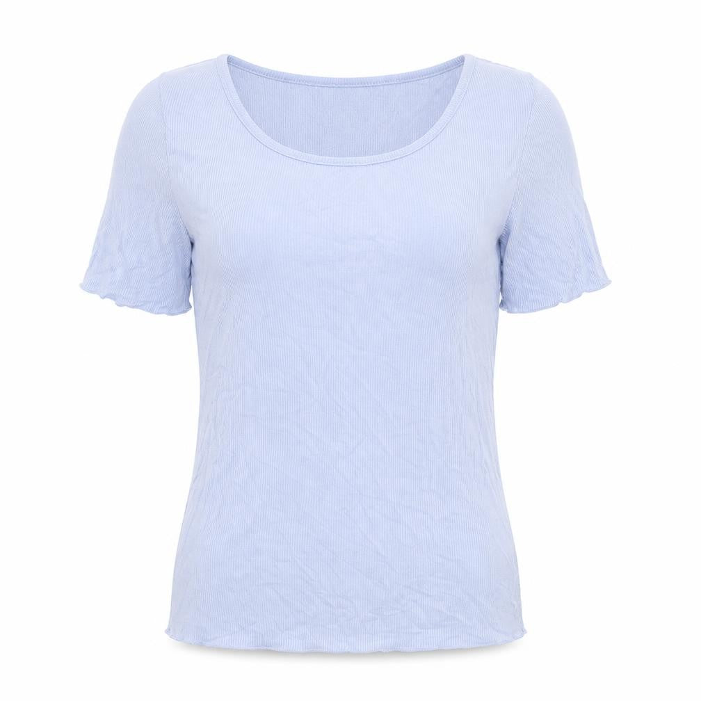 Front view of Brave Soul women’s blue viscose basic t-shirt, size M, round neck