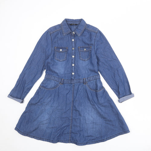 George Girls Blue 100% Cotton Shirt Dress Size 9-10 Years Collared Button