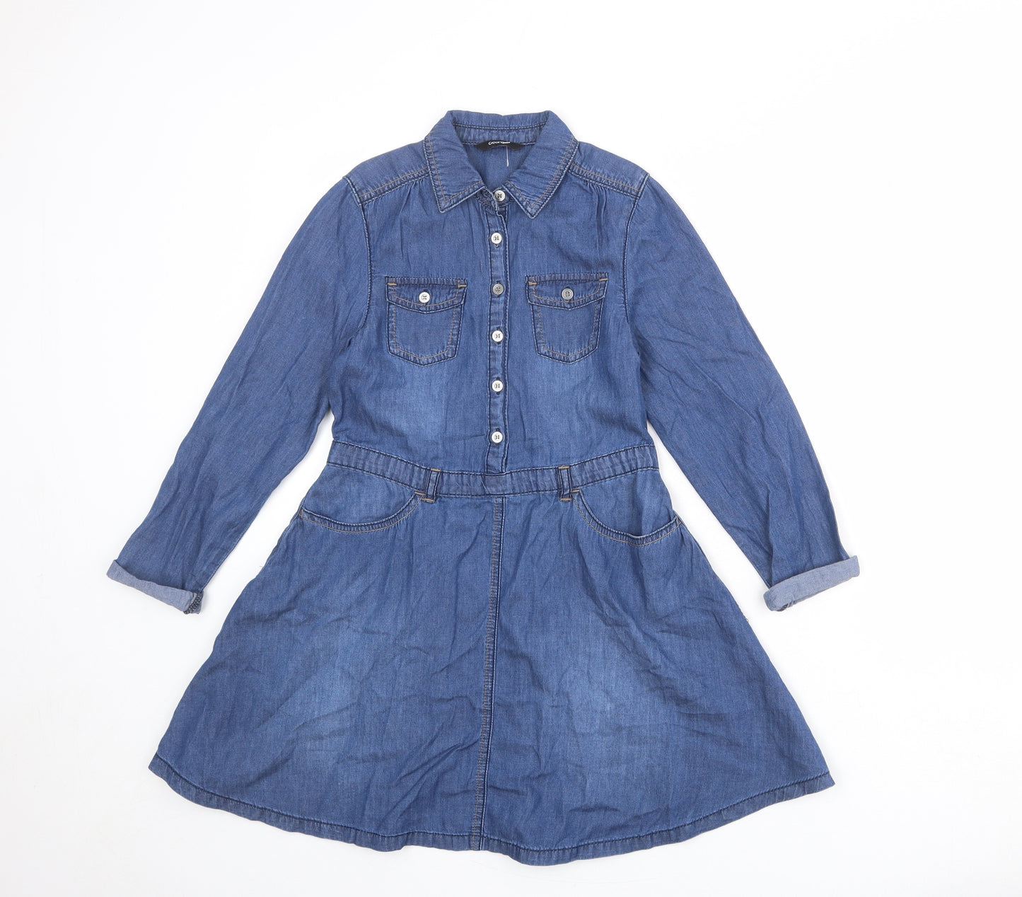 George Girls Blue 100% Cotton Shirt Dress Size 9-10 Years Collared Button