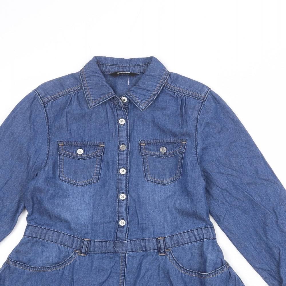 George Girls Blue 100% Cotton Shirt Dress Size 9-10 Years Collared Button