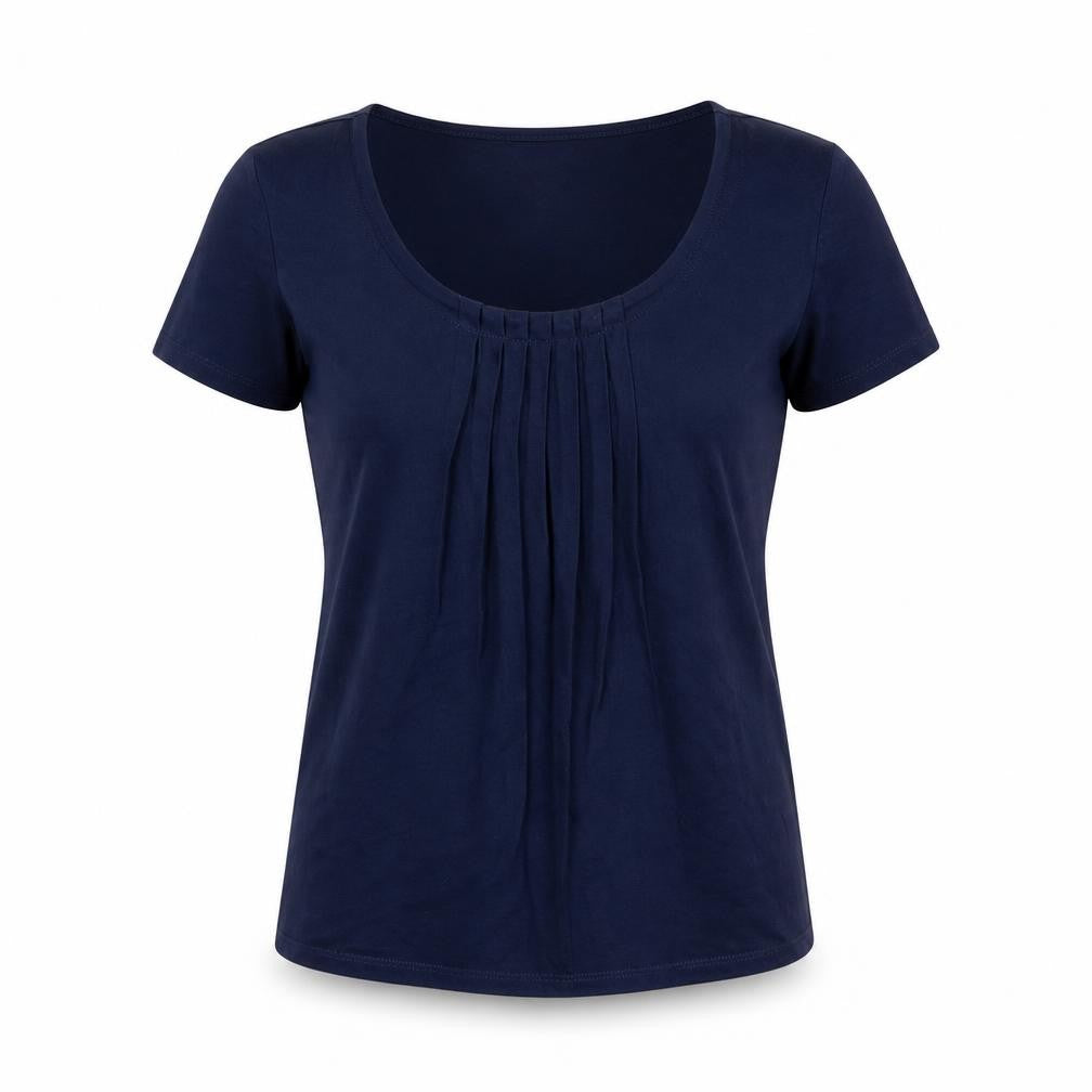 Front view of M&Co women’s blue viscose basic t-shirt, size UK 8, scoop neck