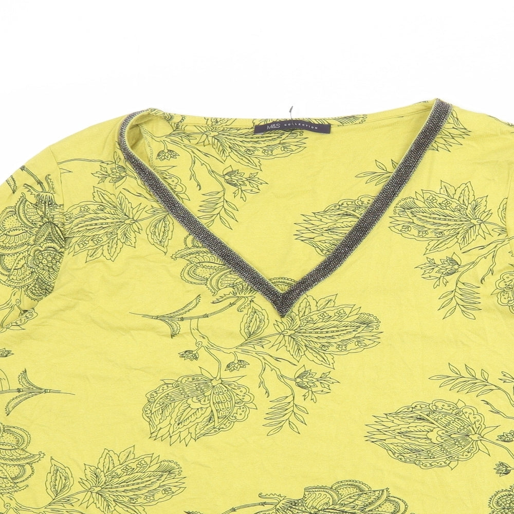 Marks and Spencer Womens Green Floral Viscose Basic Blouse Size 18 V-Neck