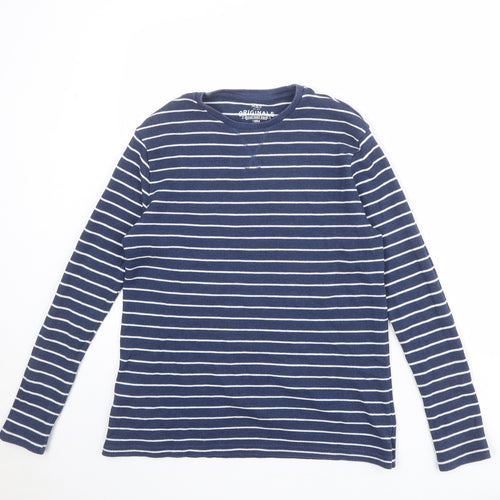 Marks and Spencer Boys Blue Striped Cotton Basic T-Shirt Size 14-15 Years Round Neck Pullover