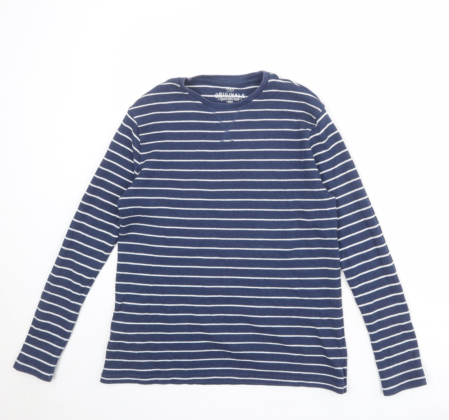 Marks and Spencer Boys Blue Striped Cotton Basic T-Shirt Size 14-15 Years Round Neck Pullover