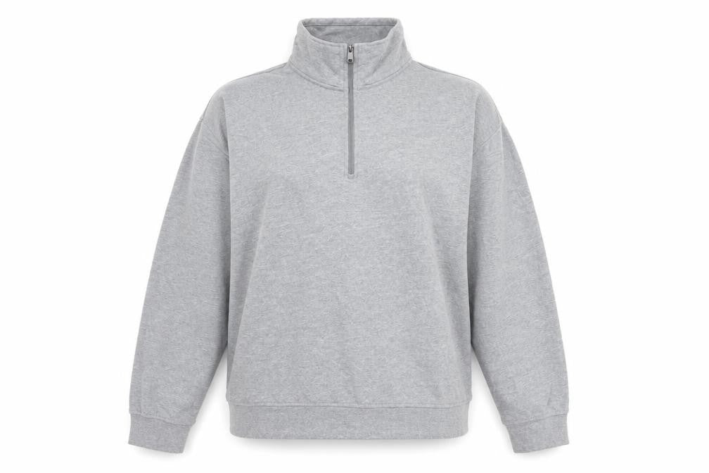 Front view of Amazon women’s grey cotton pullover sweatshirt, size XL, zip