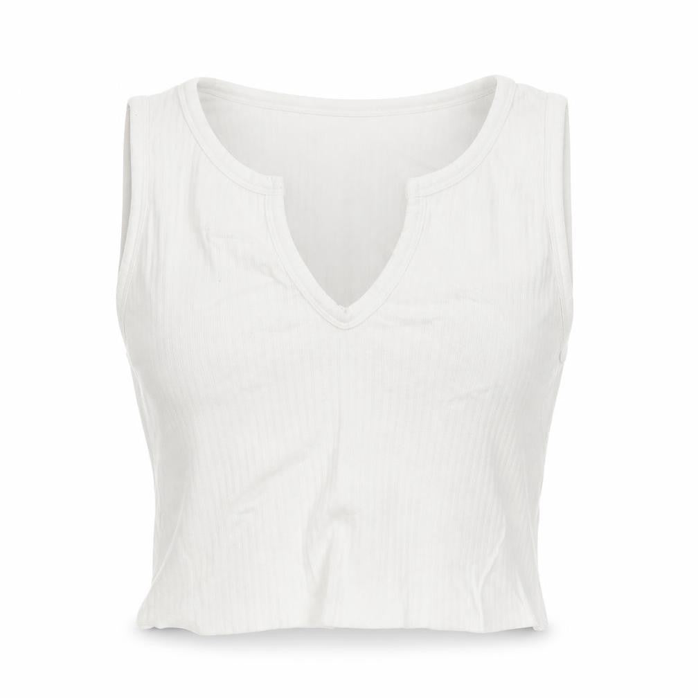 Front view of Missguided women’s white polyester cropped tank, size UK 12, v-neck