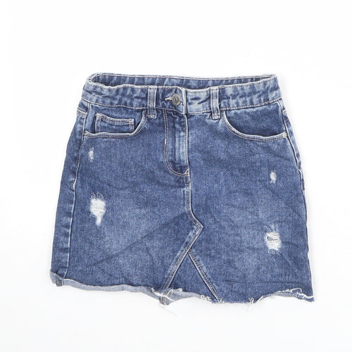 Matalan Girls Blue Cotton A-Line Skirt Size 8 Years Regular Zip - Distressed Look
