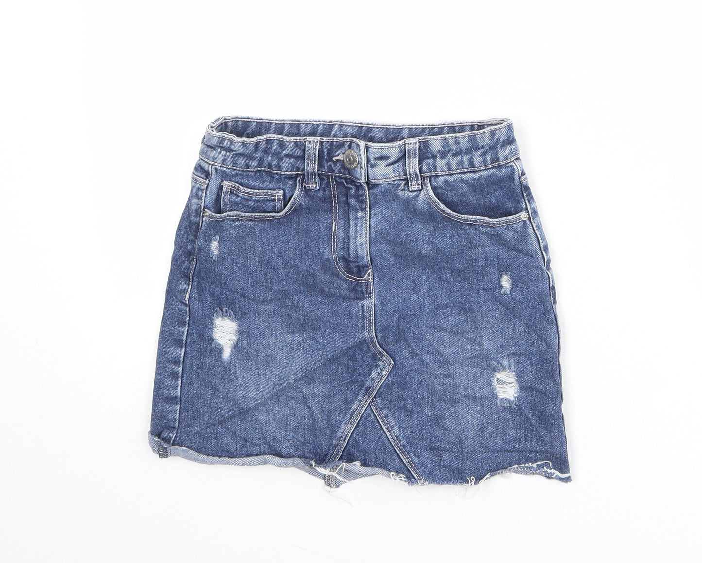 Matalan Girls Blue Cotton A-Line Skirt Size 8 Years Regular Zip - Distressed Look
