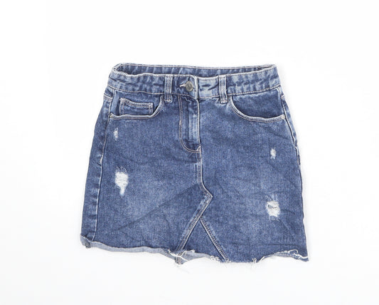 Matalan Girls Blue Cotton A-Line Skirt Size 8 Years Regular Zip - Distressed Look