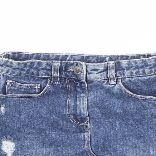 Matalan Girls Blue Cotton A-Line Skirt Size 8 Years Regular Zip - Distressed Look