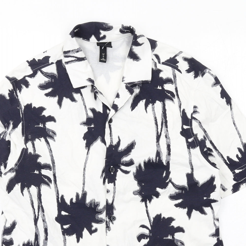 H&M Mens White Geometric Cotton Button-Up Size M Collared Button - Palm Tree Print