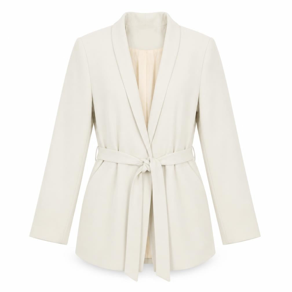 Front view of H&M women’s beige jacket blazer, size UK 6, snap