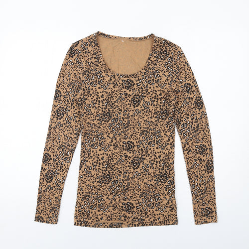 Marks and Spencer Womens Brown Animal Print Acrylic Basic T-Shirt Size 10 Scoop Neck - Leopard Print