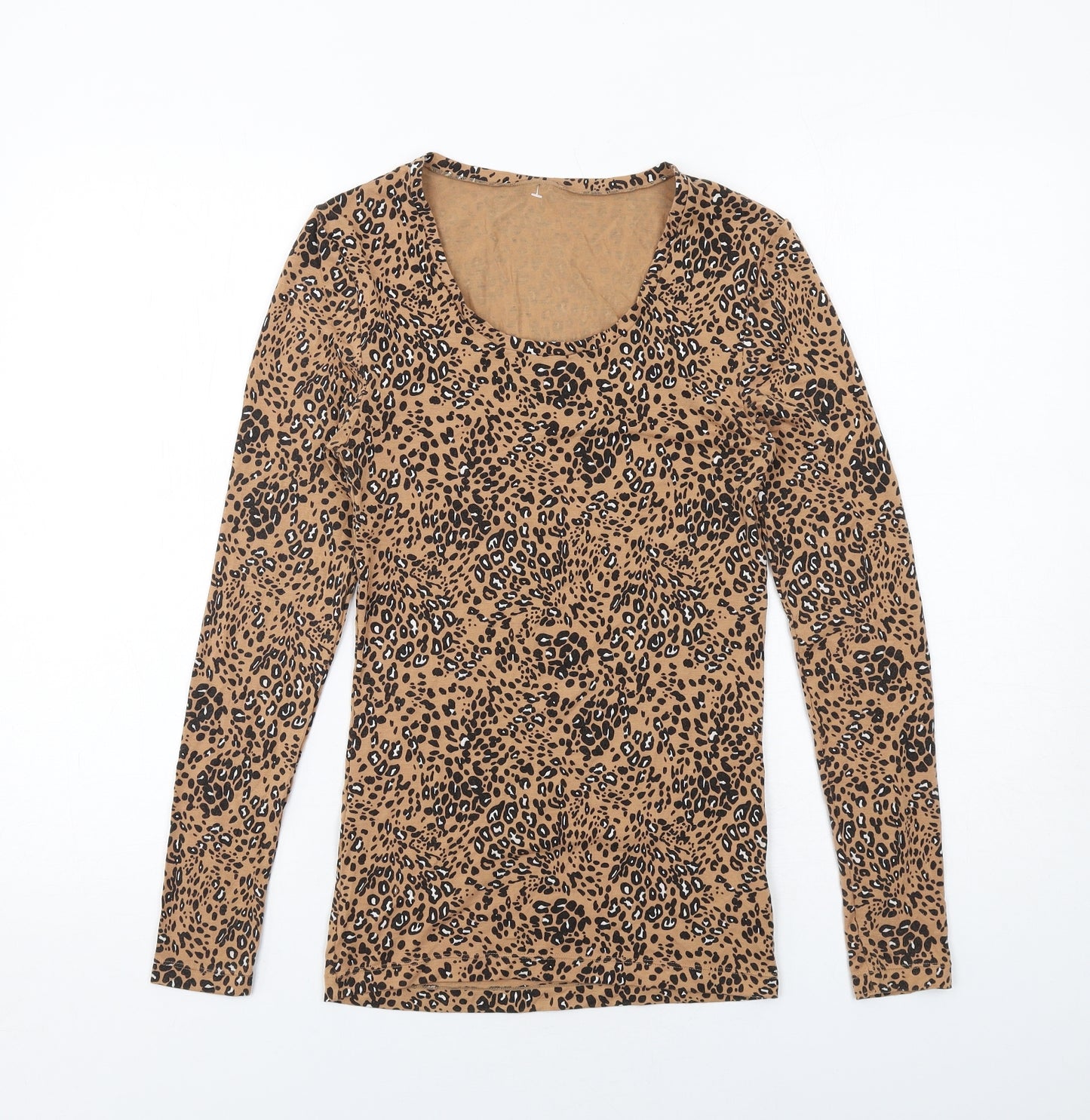Marks and Spencer Womens Brown Animal Print Acrylic Basic T-Shirt Size 10 Scoop Neck - Leopard Print