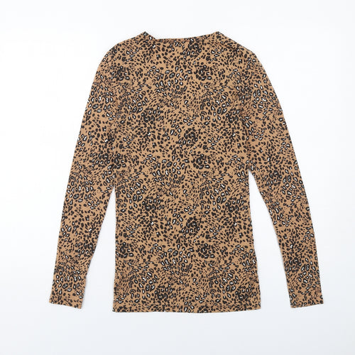 Marks and Spencer Womens Brown Animal Print Acrylic Basic T-Shirt Size 10 Scoop Neck - Leopard Print
