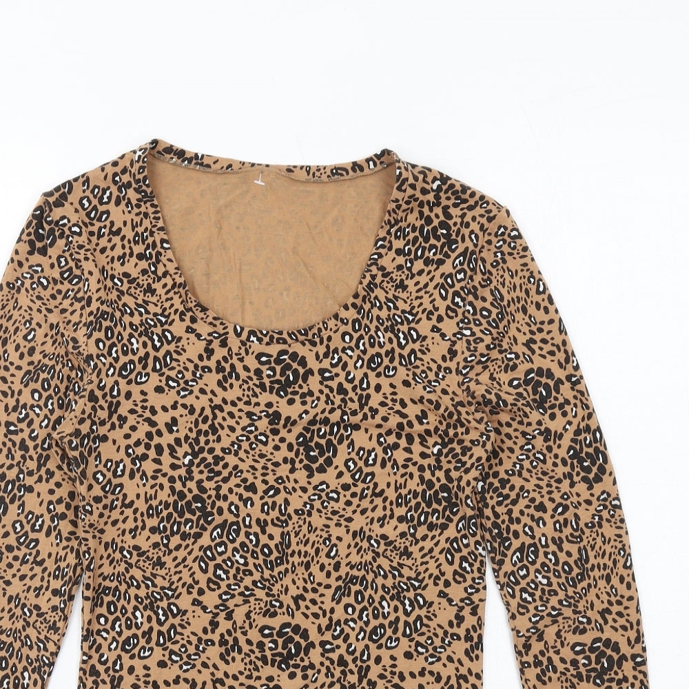 Marks and Spencer Womens Brown Animal Print Acrylic Basic T-Shirt Size 10 Scoop Neck - Leopard Print