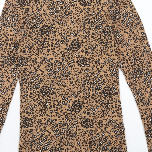 Marks and Spencer Womens Brown Animal Print Acrylic Basic T-Shirt Size 10 Scoop Neck - Leopard Print