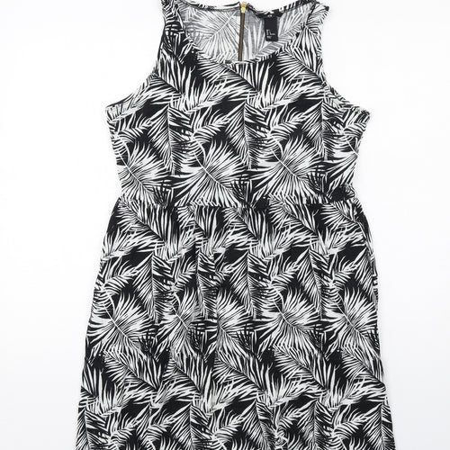 H&M Womens Black Geometric Cotton Tank Dress Size L Round Neck Zip - Leaf pattern