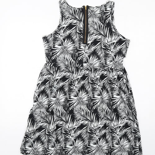 H&M Womens Black Geometric Cotton Tank Dress Size L Round Neck Zip - Leaf pattern